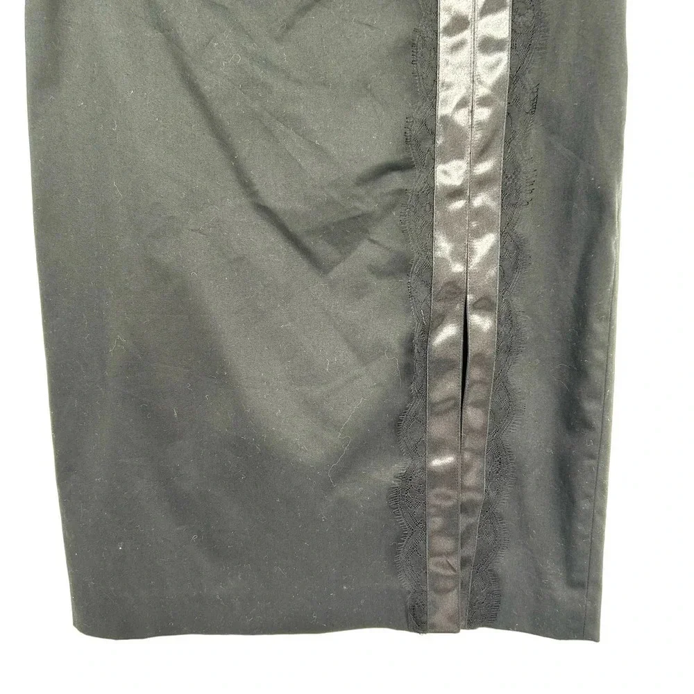 Wolford Black Pencil Skirt Front Slit Satin and Lace Stripe Trim Size US 6‎
